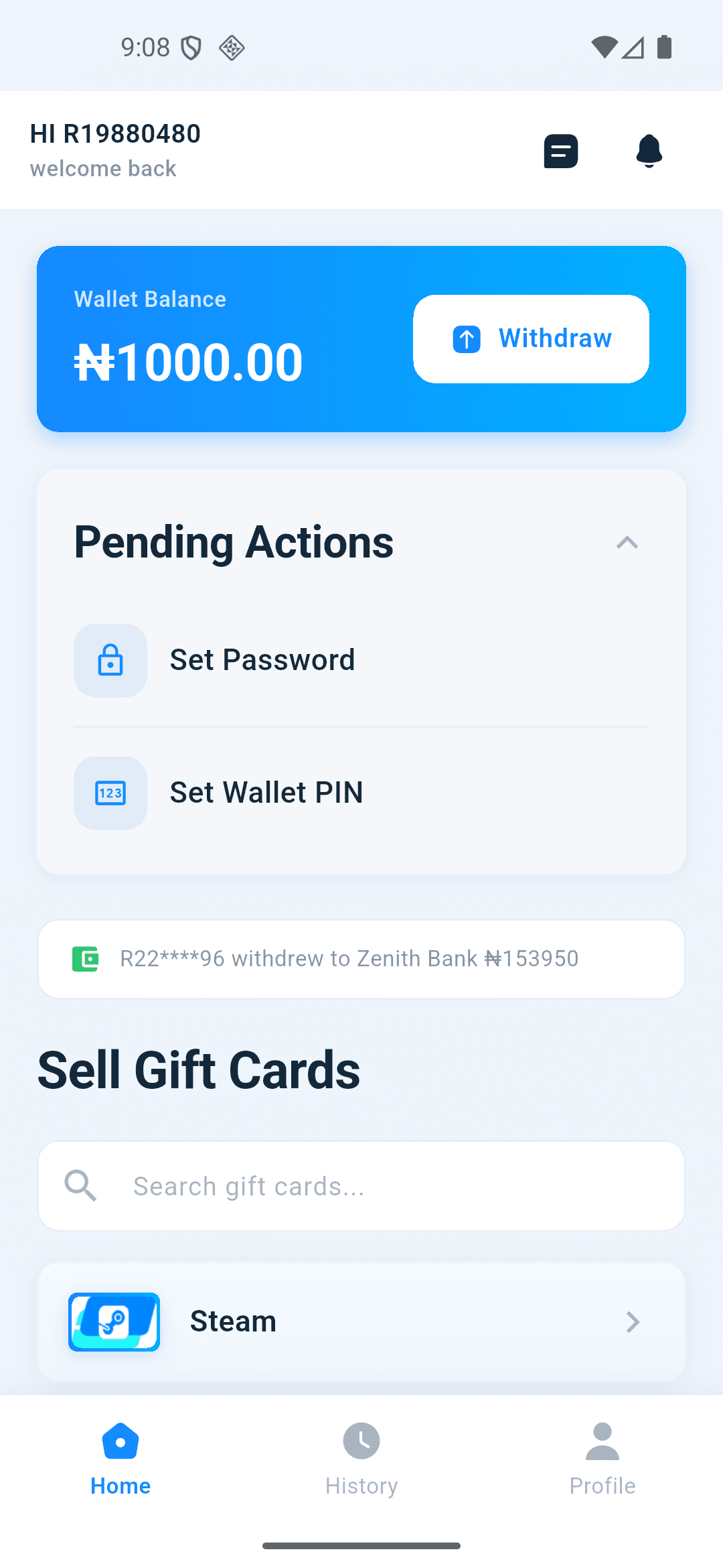 Cardsafe app home screen
