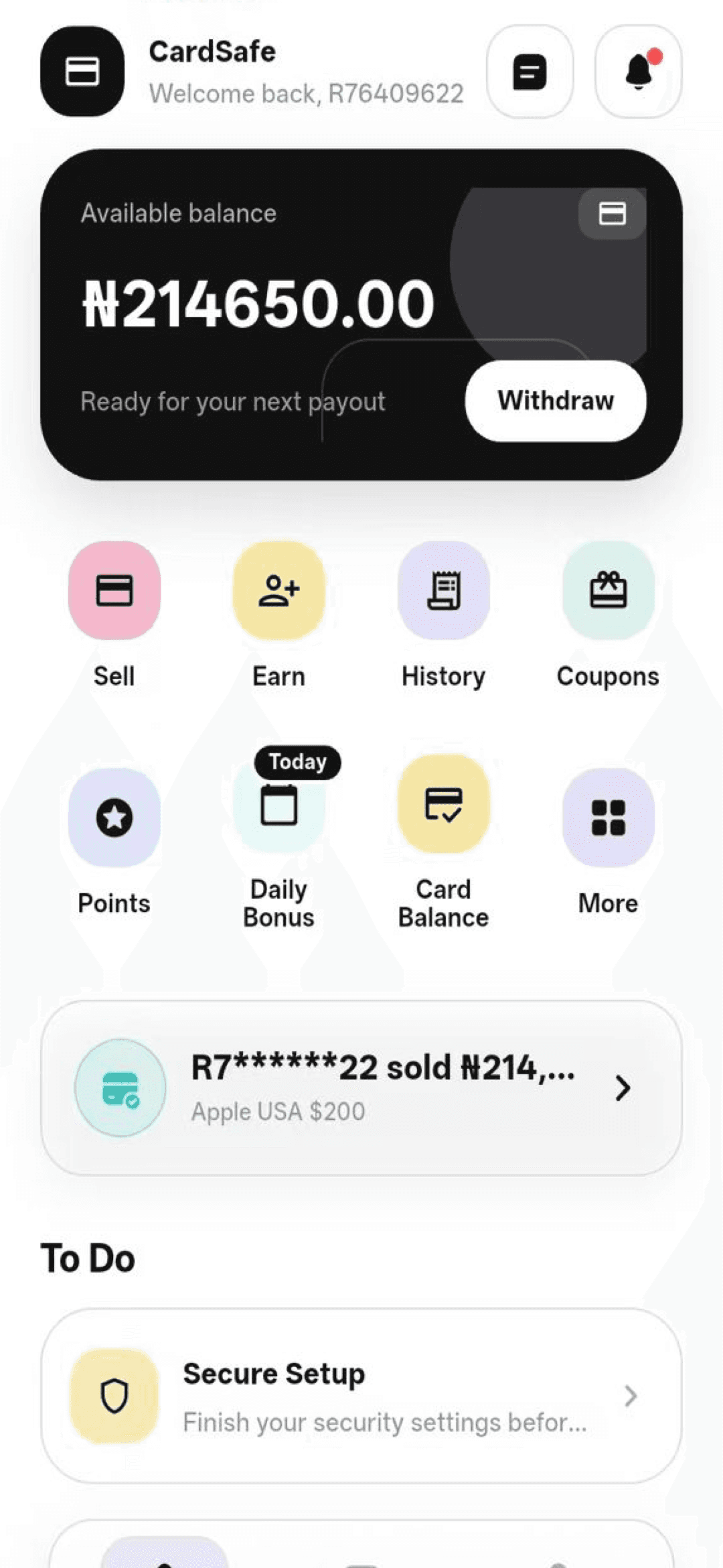 Cardsafe app home screen